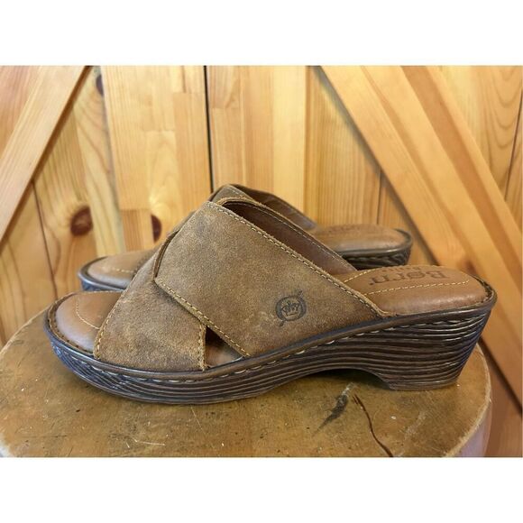 Born Shoes - Born Teayo 30506 Women's 8M Brown Suede Leather Slide Wedge Crossover Sandals